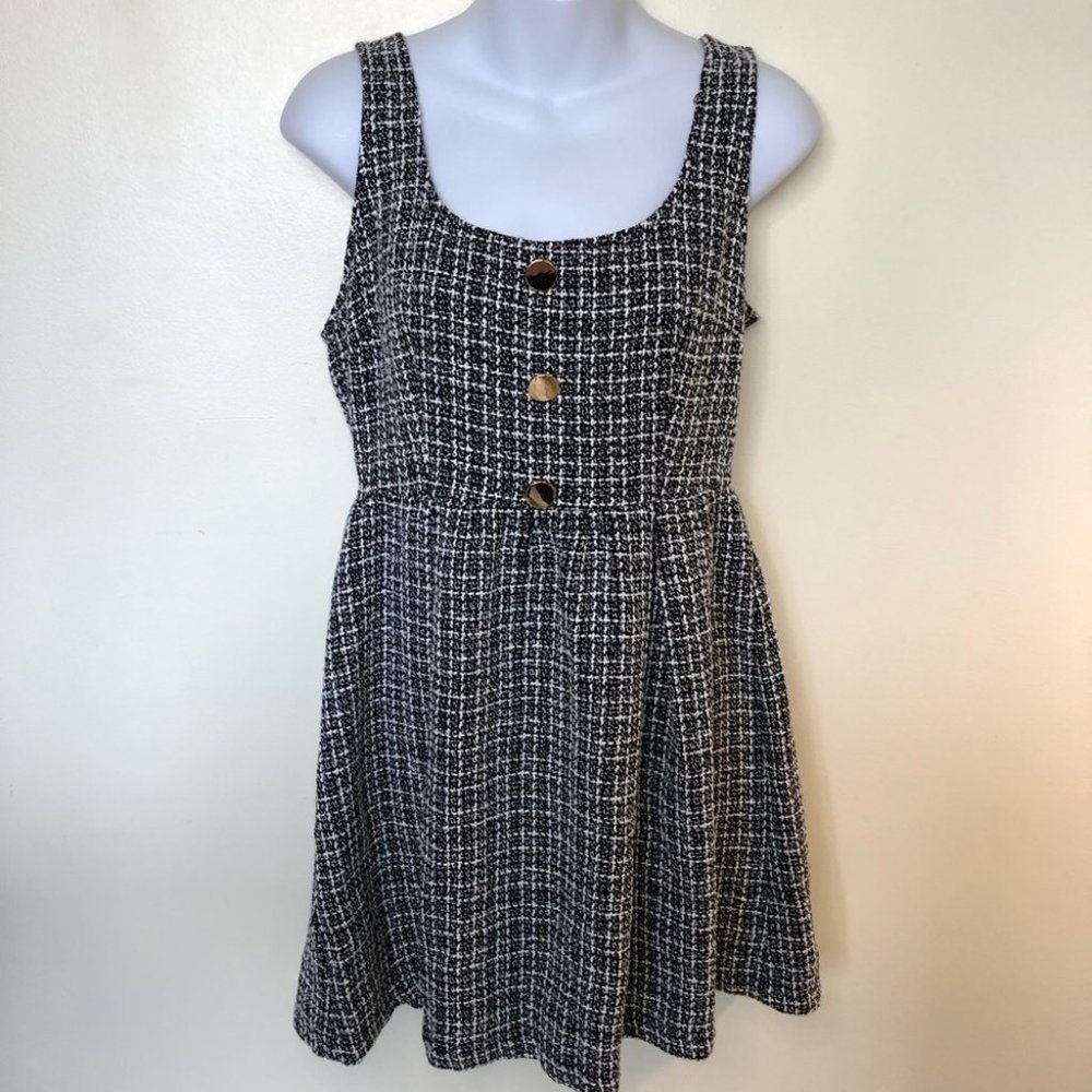 SHEIN Black & White Tweed Knit Fit & Flare Pleated Skirt Dress